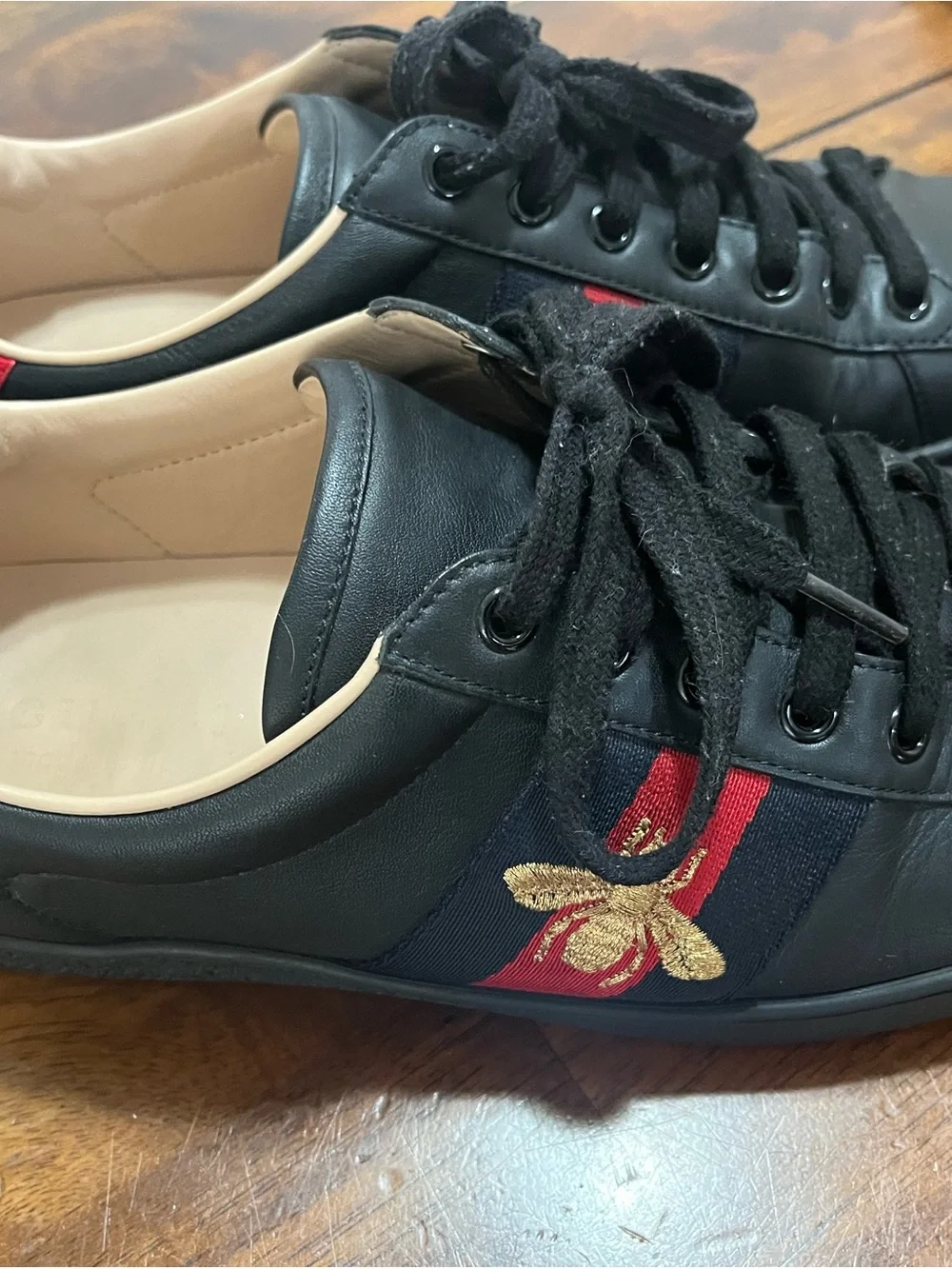 Gucci Black Leather Sneakers with Red & Blue  Stripes and Bee On Side